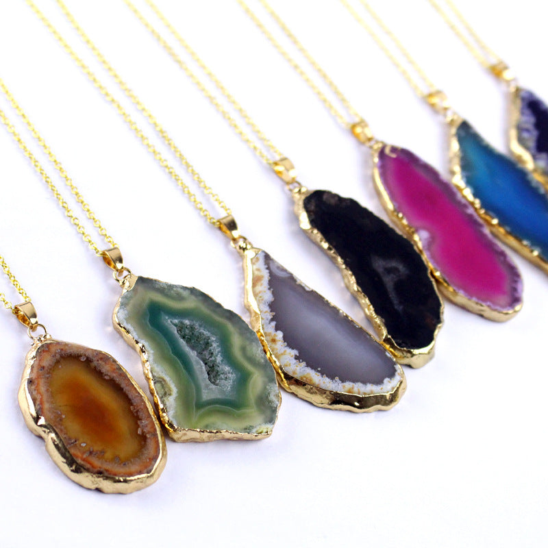 Wholesale Colorful Natural Agate Raw Stone Sliced Necklace Sweater Chain